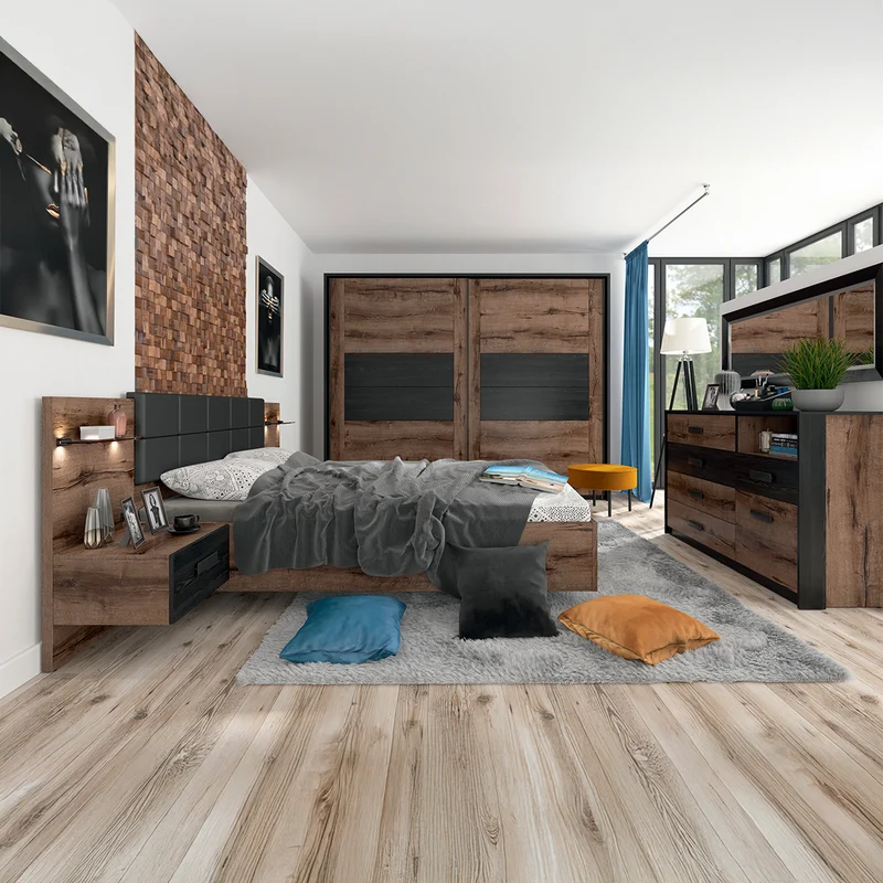 Lit coffre 180x200 sommier chevet LED et prise USB inclus Romane Bois