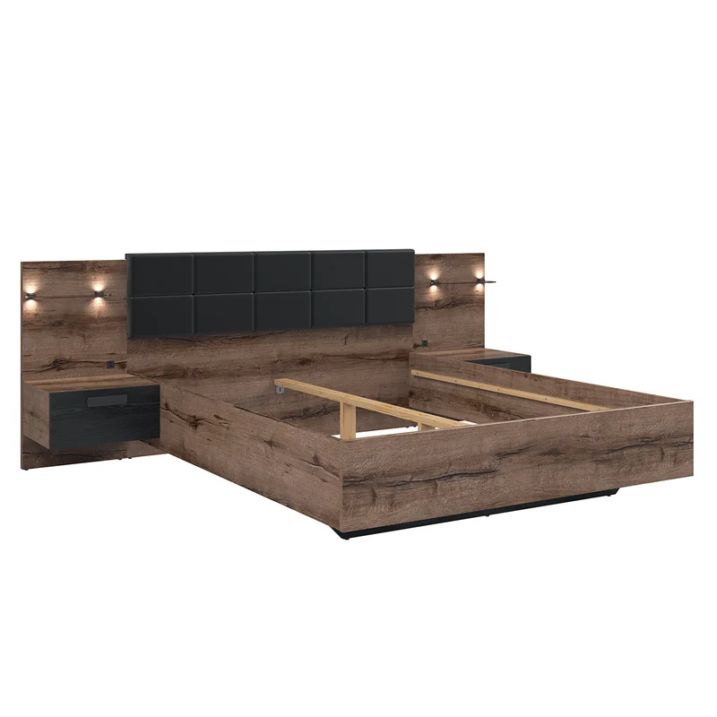 Lit 180x200 chevet LED et prise USB inclus Romane Bois