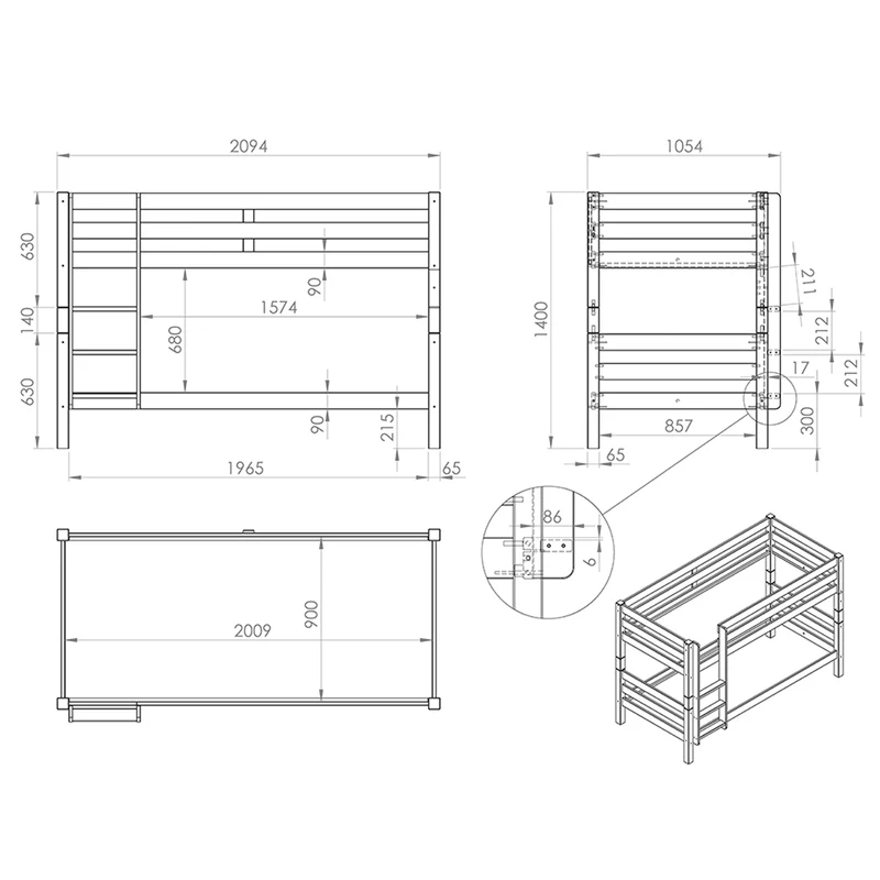 Lit Superposé 90x200 Hauteur 140 cm Sommier Inclus Vipack Pino - Blanc