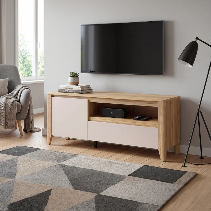 Meuble TV 1 porte 1 tiroir 161 cm Samara Bois et Cachemire
