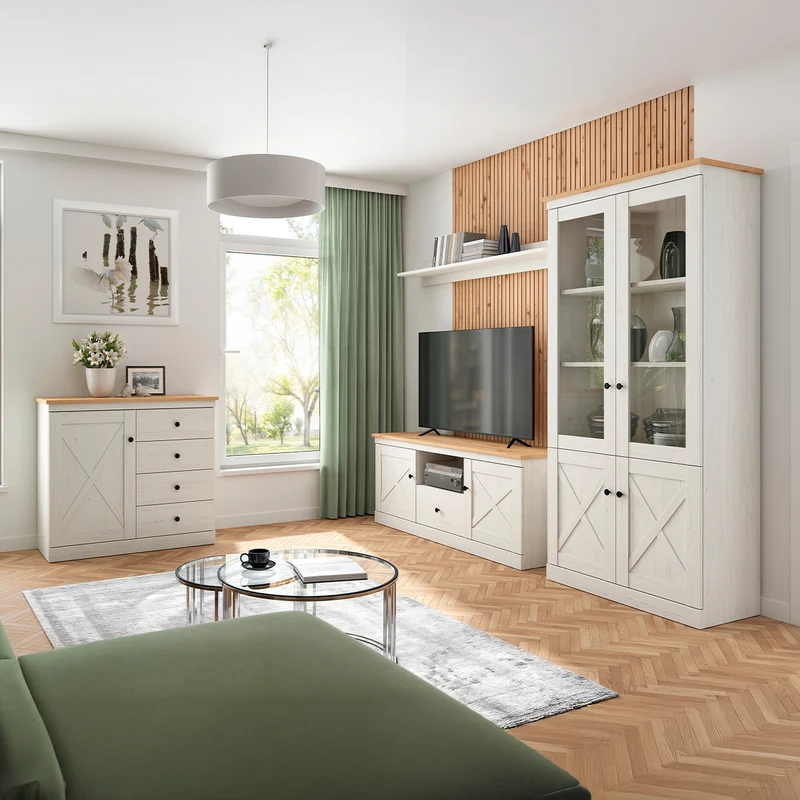 Meuble TV 2 portes 1 tiroir 153 cm Victoria Blanc et Bois