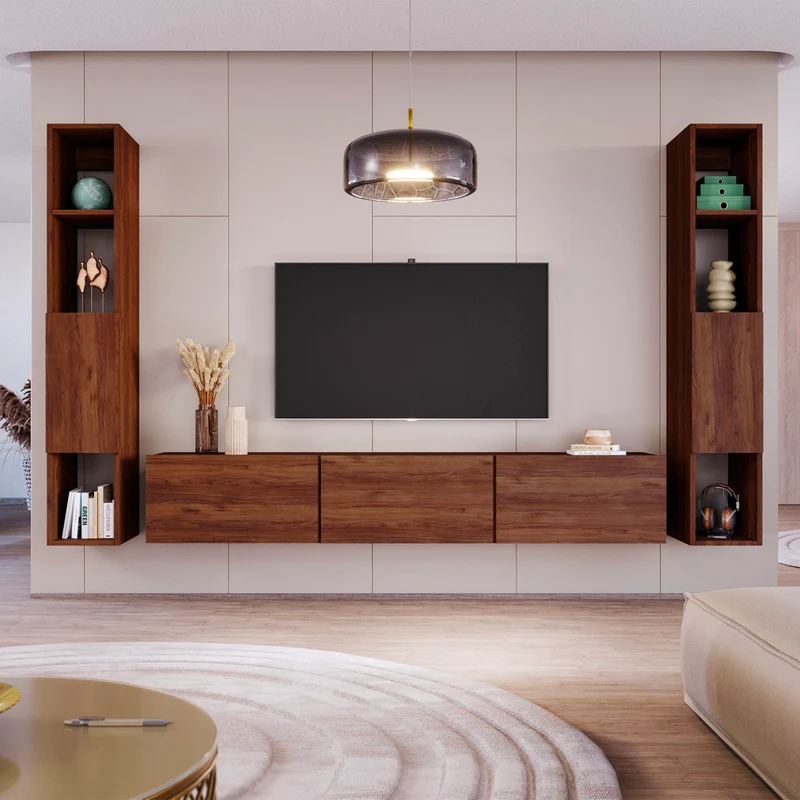 Meuble TV mural 3 portes 160 cm Idao Bois foncé