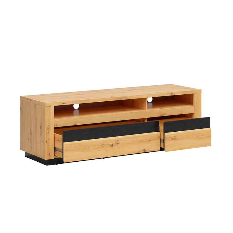 Meuble TV 2 tiroirs 2 niches 161 cm avec LED Glenn Bois et Noir