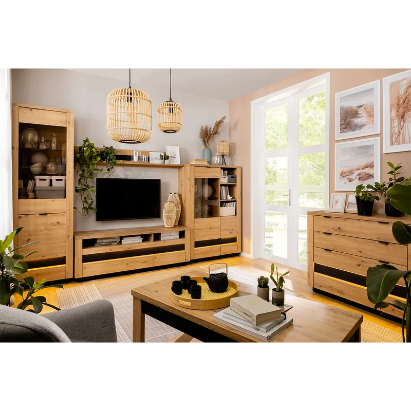 Meuble TV 2 tiroirs 2 niches 161 cm avec LED Glenn Bois et Noir
