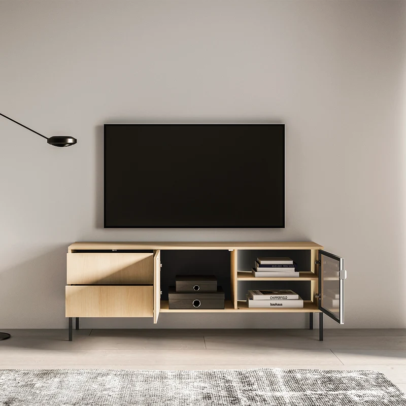 Meuble TV 2 portes 2 tiroirs 160 cm LED inclus Paige Bois et Noir