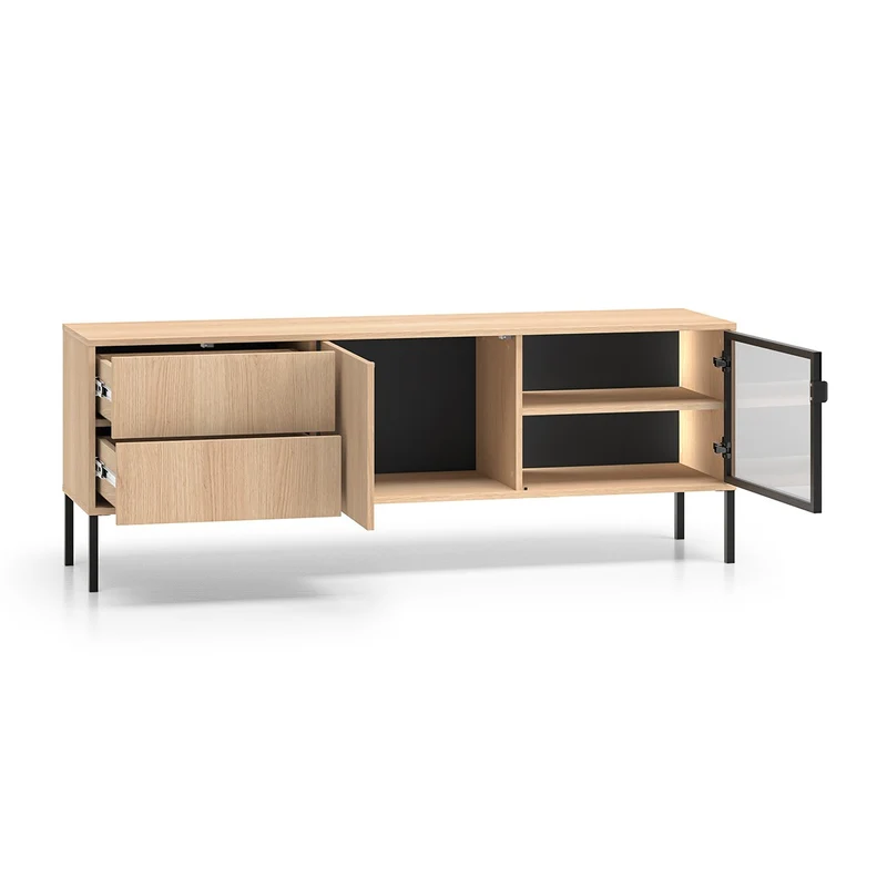Meuble TV 2 portes 2 tiroirs 160 cm LED inclus Paige Bois et Noir