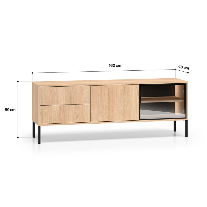 Meuble TV 2 portes 2 tiroirs 160 cm LED inclus Paige Bois et Noir