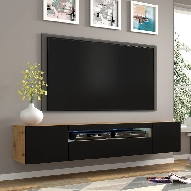 Meuble TV mural 3 portes 200 cm Aurus Noir et Bois
