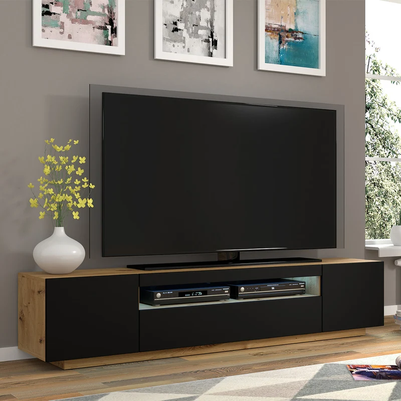 Meuble TV mural 3 portes 200 cm Aurus Noir et Bois