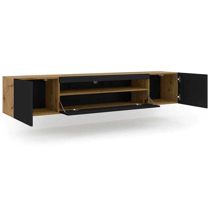 Meuble TV mural 3 portes 200 cm LED Aurus Noir et Bois