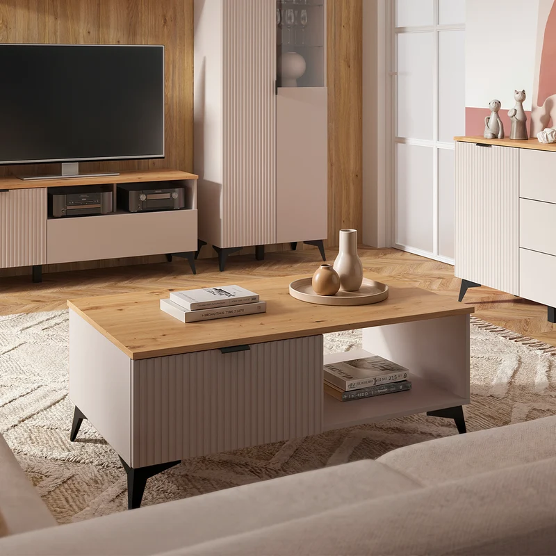 Table basse 1 tiroir 1 niche Vicky Cachemire et Bois