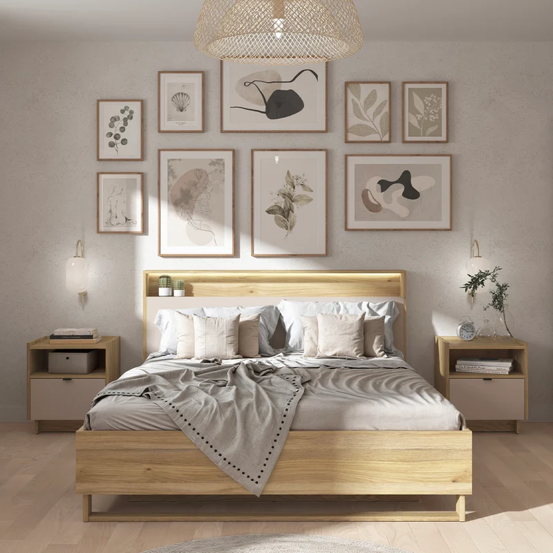 Lit coffre 160x200 sommier LED et prise USB inclus Donna Cachemire et Bois