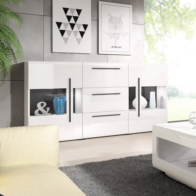 Buffet 2 portes 3 tiroirs avec LED Louis Blanc