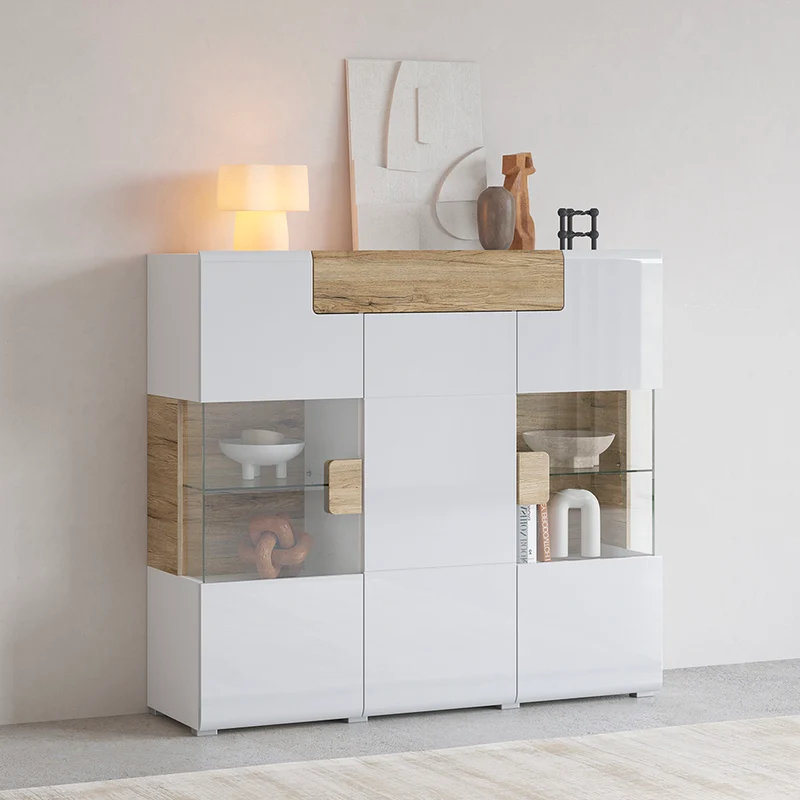 Buffet haut 3 portes 1 tiroir avec LED Jules Blanc et Bois