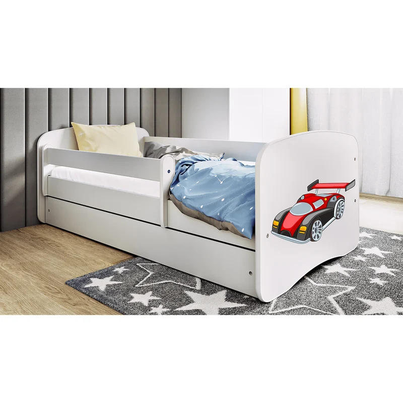Lit 80x180 sommier et tiroir inclus Kocot Kids Babydream Voiture de course - Blanc