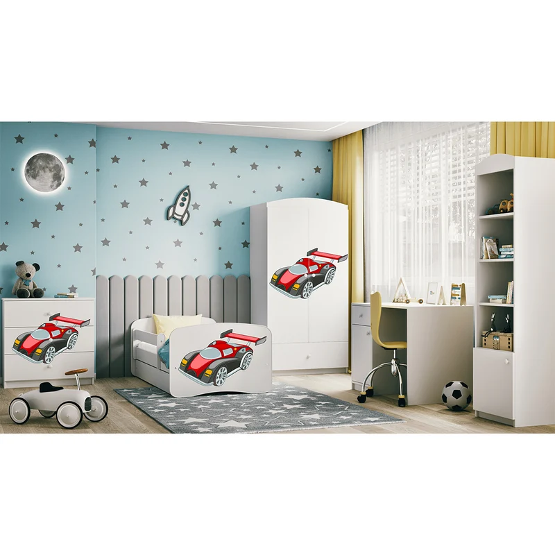 Lit 80x180 sommier et tiroir inclus Kocot Kids Babydream Voiture de course - Blanc