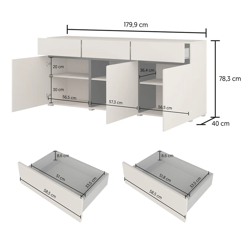 Buffet 3 portes 3 tiroirs Lilia Cachemire