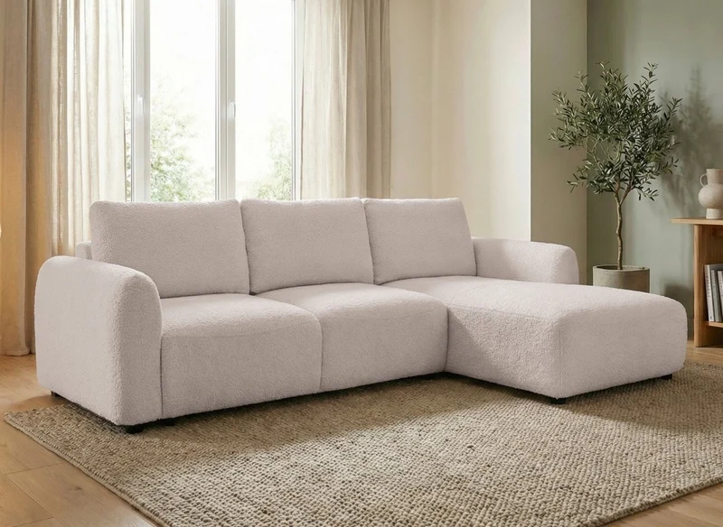 Canapé d'angle convertible avec coffre en tissu bouclette beige MARLA - Angle droit