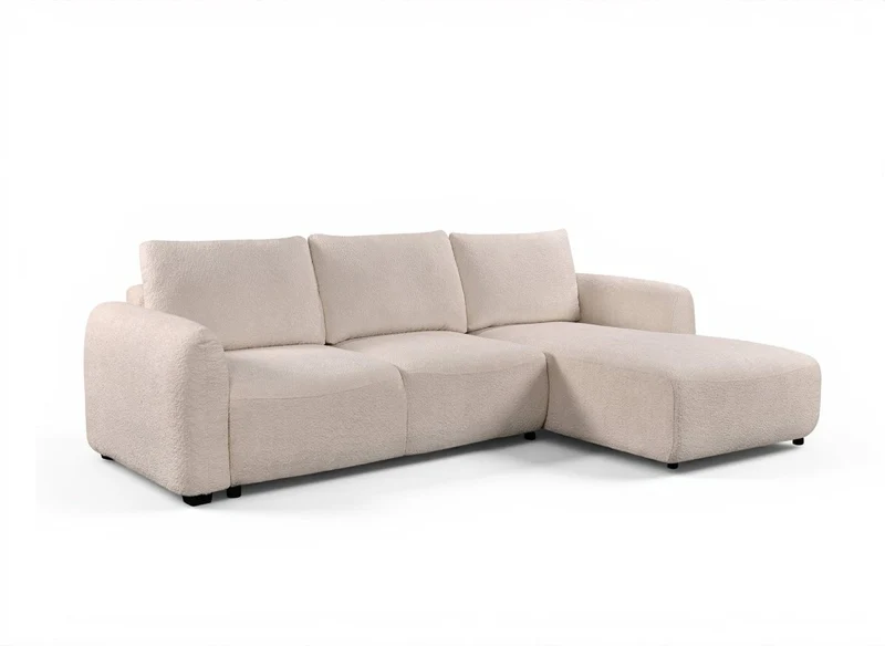 Canapé d'angle convertible avec coffre en tissu bouclette beige MARLA - Angle droit