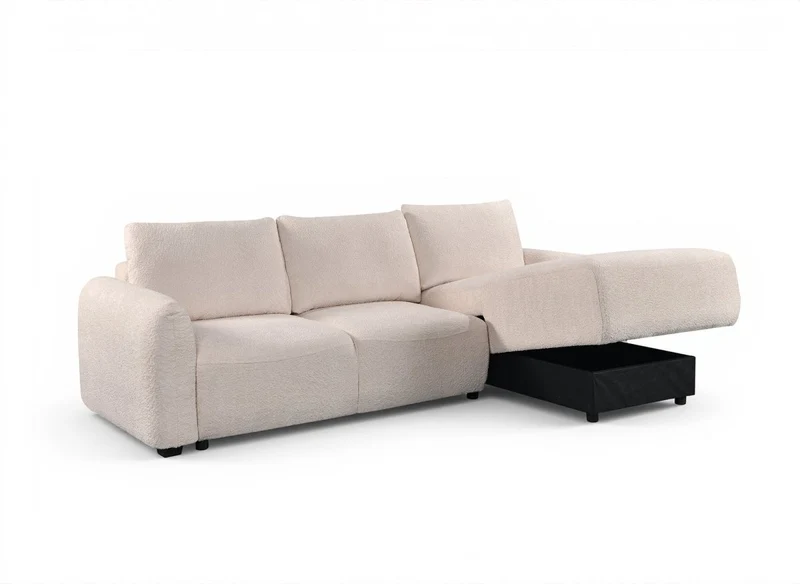 Canapé d'angle convertible avec coffre en tissu bouclette beige MARLA - Angle droit