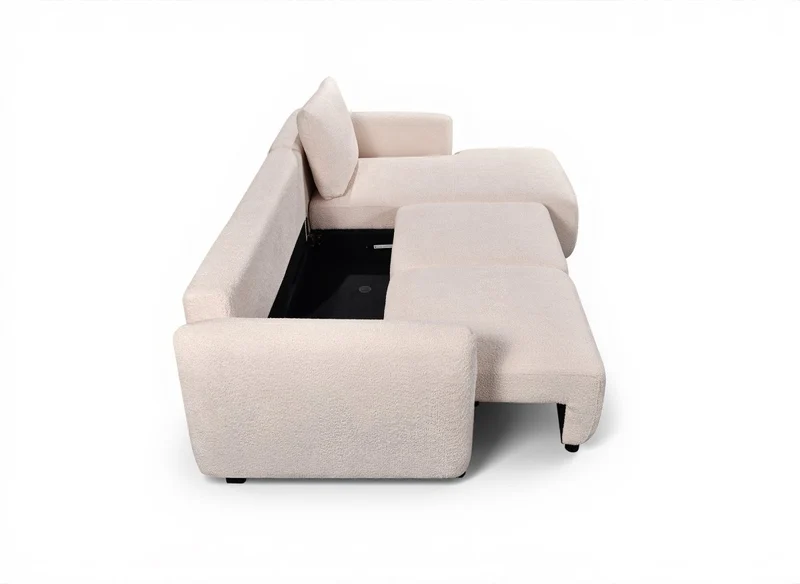Canapé d'angle convertible avec coffre en tissu bouclette beige MARLA - Angle droit
