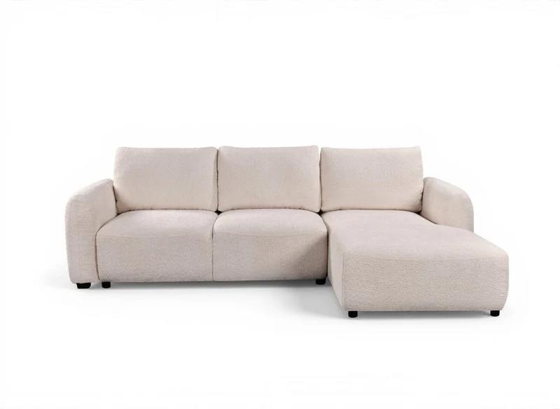 Canapé d'angle convertible avec coffre en tissu bouclette beige MARLA - Angle droit