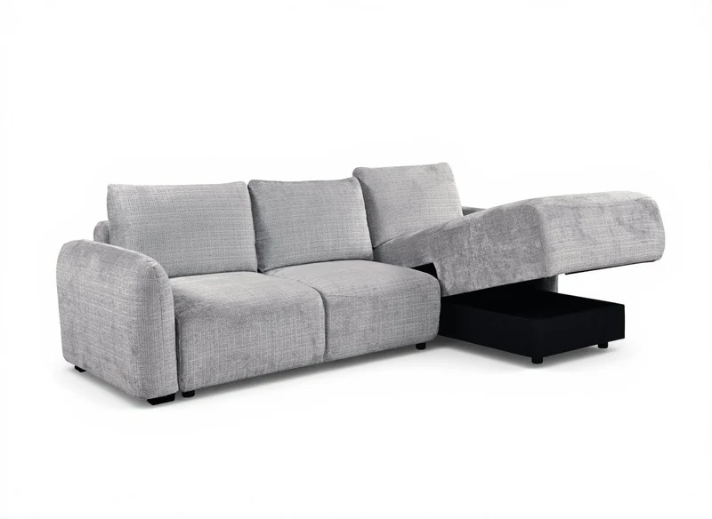 Canapé d'angle convertible avec coffre en velours chiné gris MARLA - Angle droit