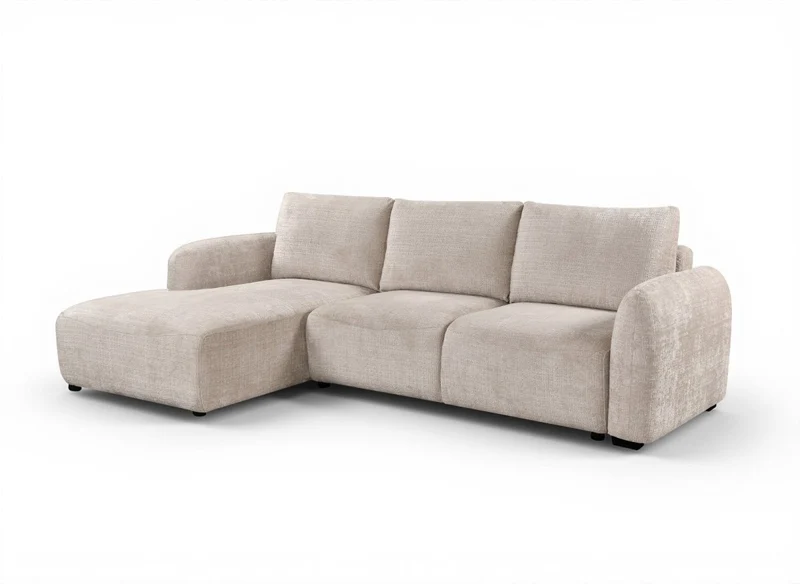 Canapé d'angle convertible avec coffre en velours chiné beige MARLA - Angle gauche
