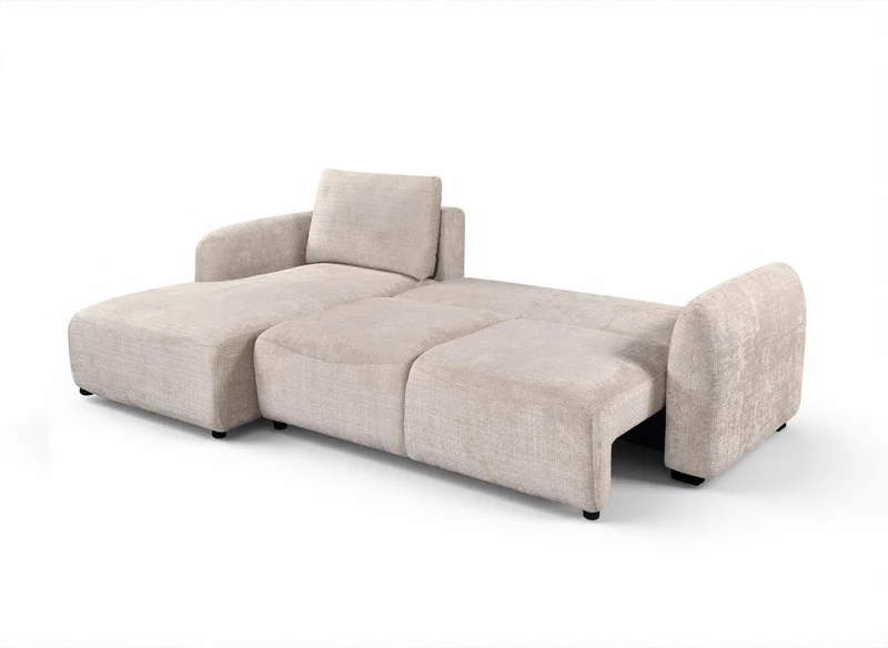 Canapé d'angle convertible avec coffre en velours chiné beige MARLA - Angle gauche