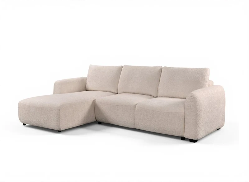 Canapé d'angle convertible avec coffre en tissu bouclette beige MARLA - Angle gauche