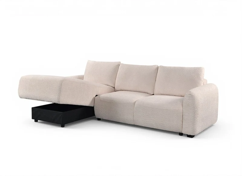 Canapé d'angle convertible avec coffre en tissu bouclette beige MARLA - Angle gauche
