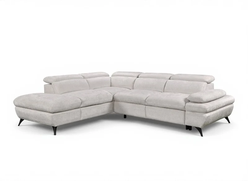 Canapé d'angle convertible avec coffre en velours chiné blanc écru LUFY - Angle gauche