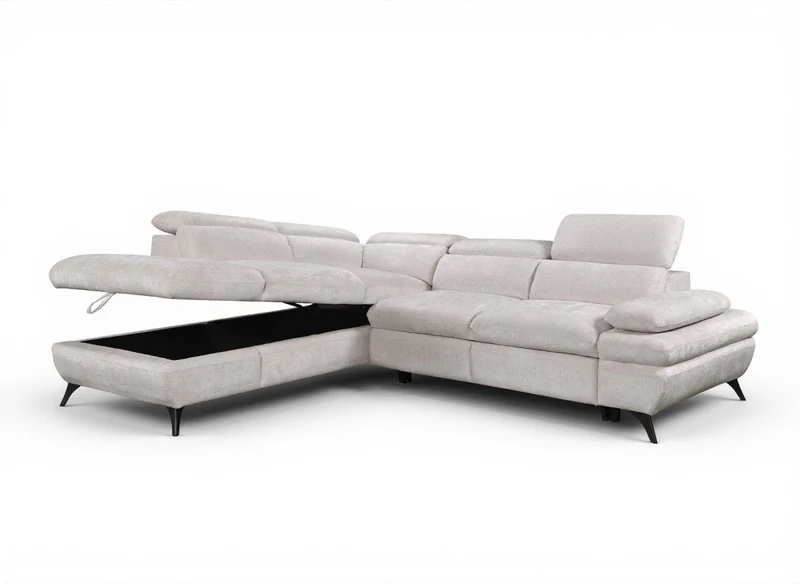 Canapé d'angle convertible avec coffre en velours chiné blanc écru LUFY - Angle gauche