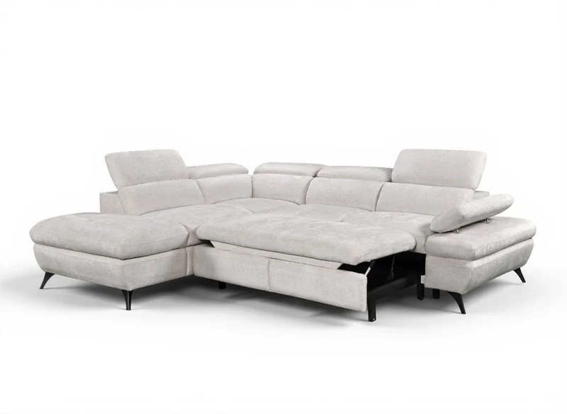 Canapé d'angle convertible avec coffre en velours chiné blanc écru LUFY - Angle gauche