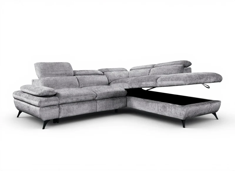 Canapé d'angle convertible avec coffre en velours chiné gris LUFY - Angle droit