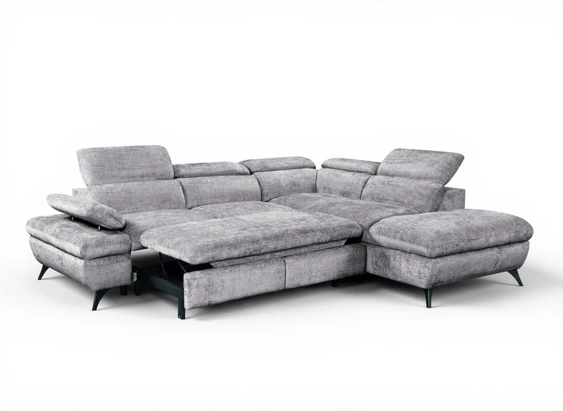 Canapé d'angle convertible avec coffre en velours chiné gris LUFY - Angle droit