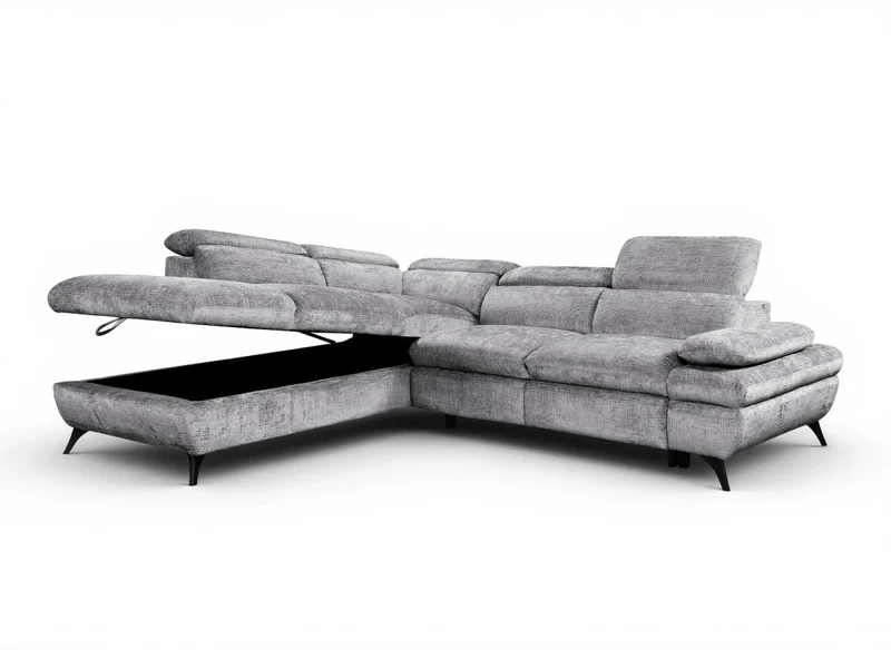 Canapé d'angle convertible avec coffre en velours chiné gris LUFY - Angle gauche