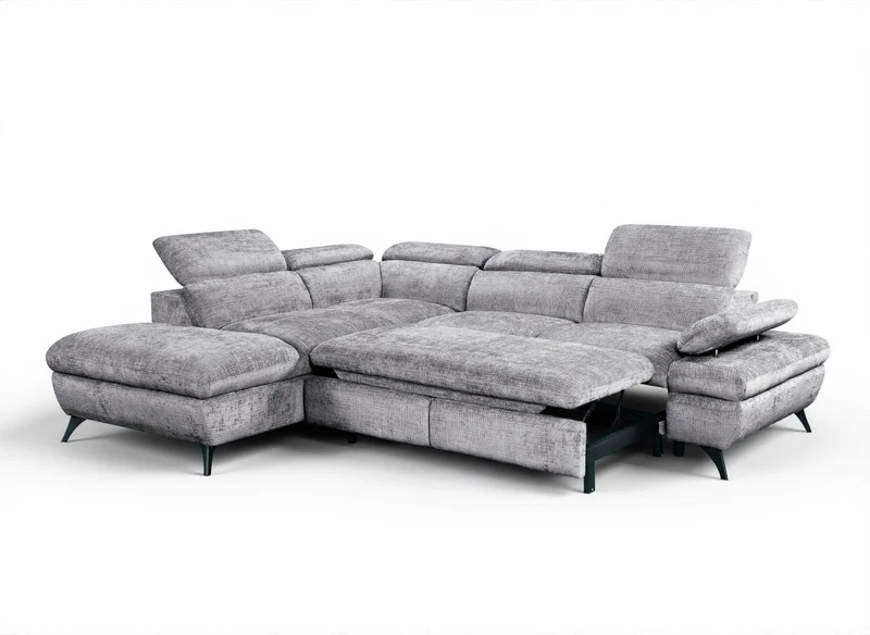 Canapé d'angle convertible avec coffre en velours chiné gris LUFY - Angle gauche