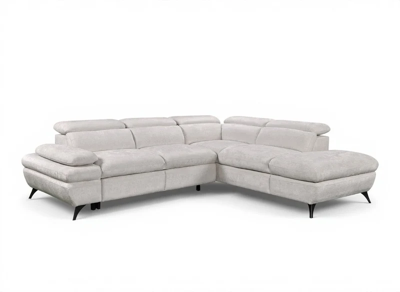 Canapé d'angle convertible avec coffre en velours chiné blanc écru LUFY - Angle droit