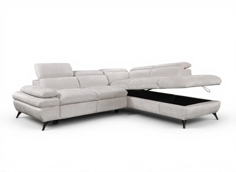 Canapé d'angle convertible avec coffre en velours chiné blanc écru LUFY - Angle droit