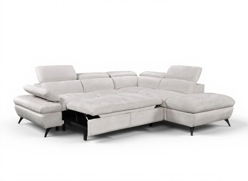Canapé d'angle convertible avec coffre en velours chiné blanc écru LUFY - Angle droit