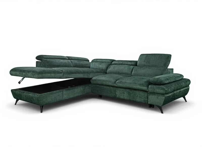 Canapé d'angle convertible avec coffre en velours chiné vert LUFY - Angle gauche