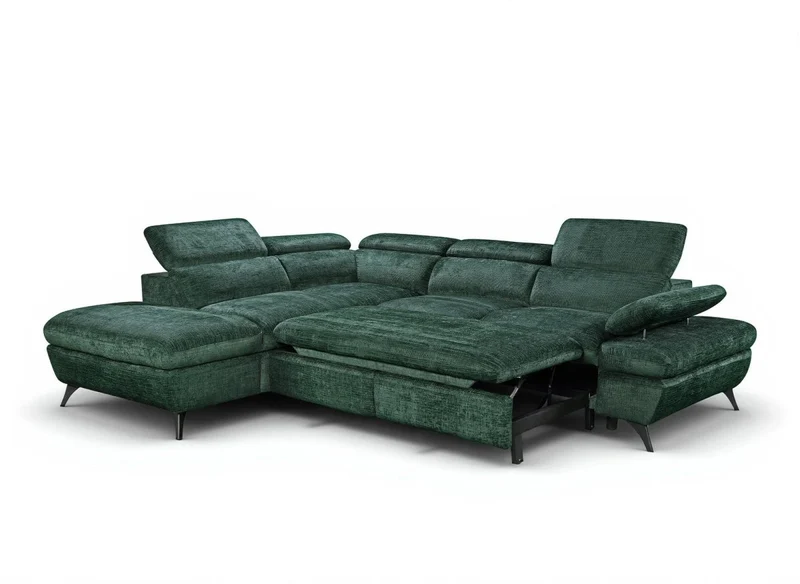 Canapé d'angle convertible avec coffre en velours chiné vert LUFY - Angle gauche