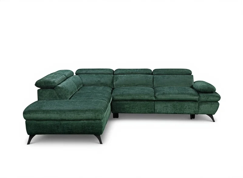 Canapé d'angle convertible avec coffre en velours chiné vert LUFY - Angle gauche