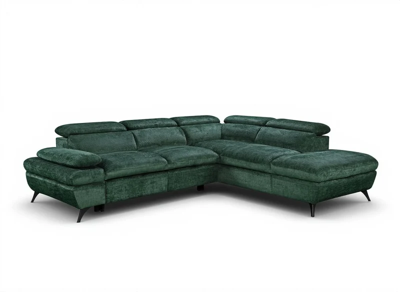 Canapé d'angle convertible avec coffre en velours chiné vert LUFY - Angle droit