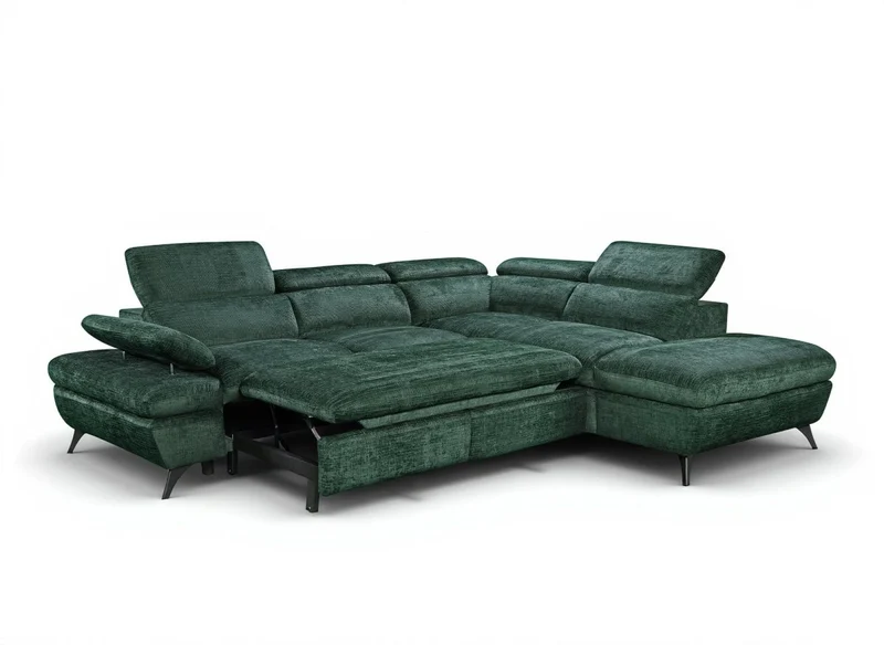 Canapé d'angle convertible avec coffre en velours chiné vert LUFY - Angle droit