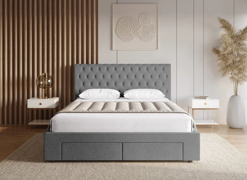 Lit double avec 4 tiroirs en lin gris 140x190 cm LEANDRE