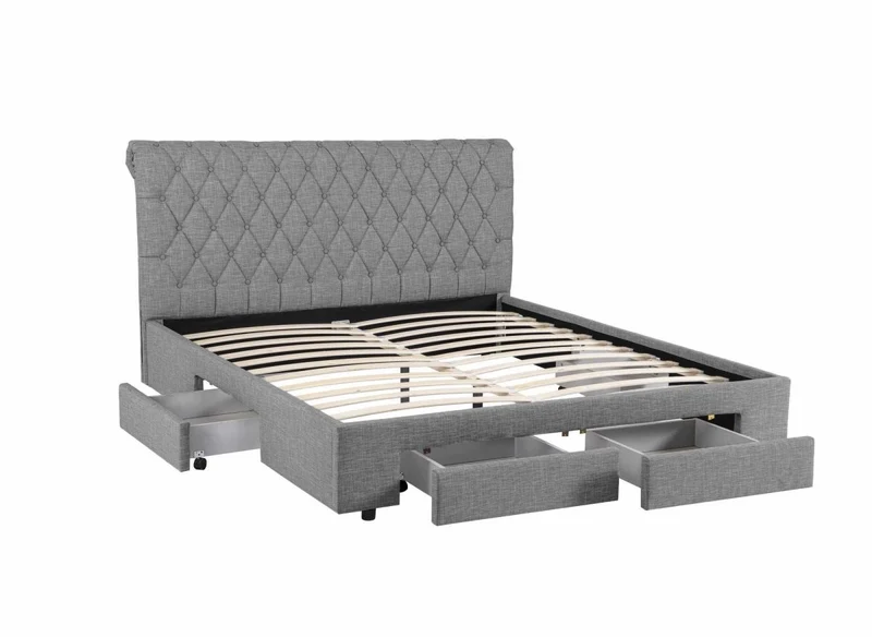 Lit double avec 4 tiroirs en lin gris 140x190 cm LEANDRE