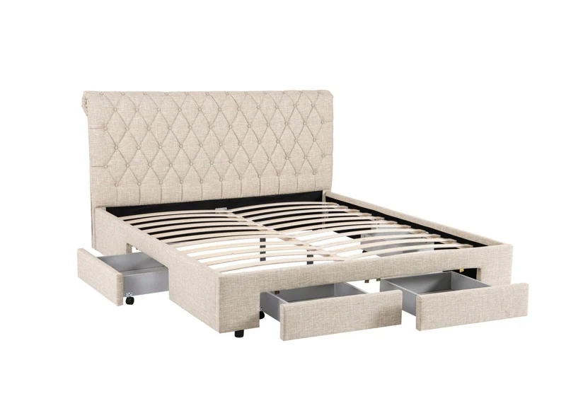 Lit double avec 4 tiroirs en lin beige 140x190 cm LEANDRE