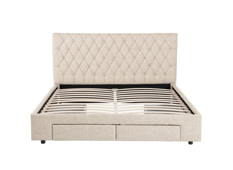 Lit double avec 4 tiroirs en lin beige 140x190 cm LEANDRE